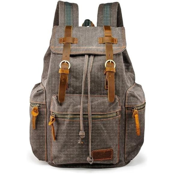Vintage Canvas Backpack Leather Rucksack Knapsack 15inch Laptop Tote Satchel - Picture 1 of 6